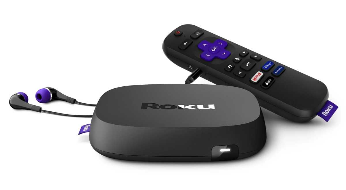 Roku Ultra LT box with remote and headphones