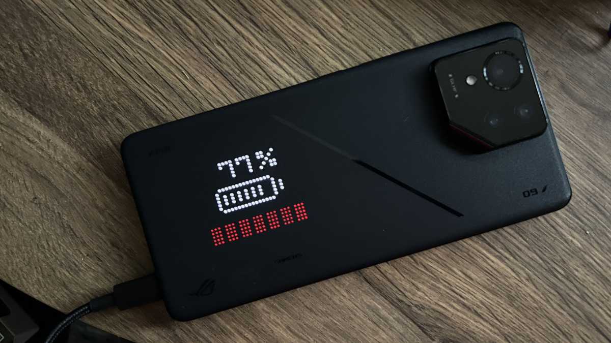 The Anime Vision LED matrix showing charging status on the back of the ASUS ROG Phone 9 Pro Edition.