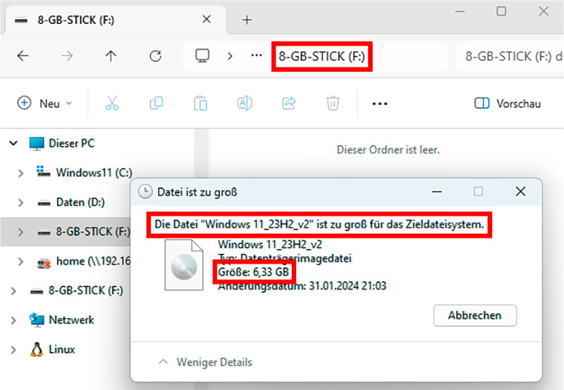 Inkompatibilitätshinweis: Diese gut sechs GByte große ISO-Datei passt zwar prinzipiell auf den Acht-GByte- Stick, das verwendete Dateisystem FAT32 erlaubt jedoch nur Filegrößen bis vier GByte.