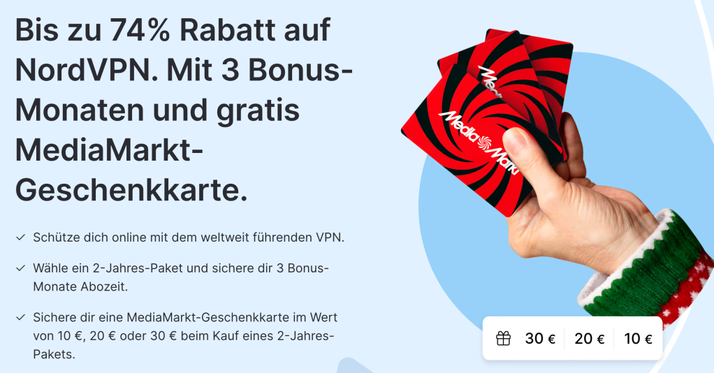 Image: Ist denn schon Weihnachten? NordVPN verschenkt Mediamarkt-Gutscheine und gibt bis zu 74 Prozent Rabatt!