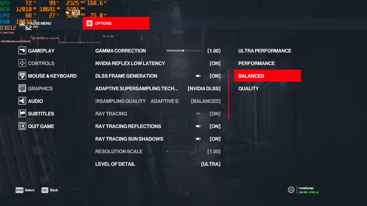 Hitman 3 game settings options for Nvidia DLSS AI upscaling screenshot