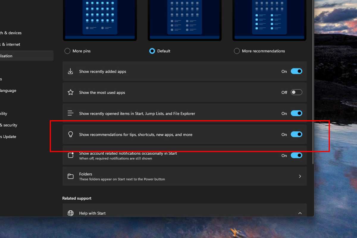 Windows 11 setting to disable ads in the Start menu screenshot