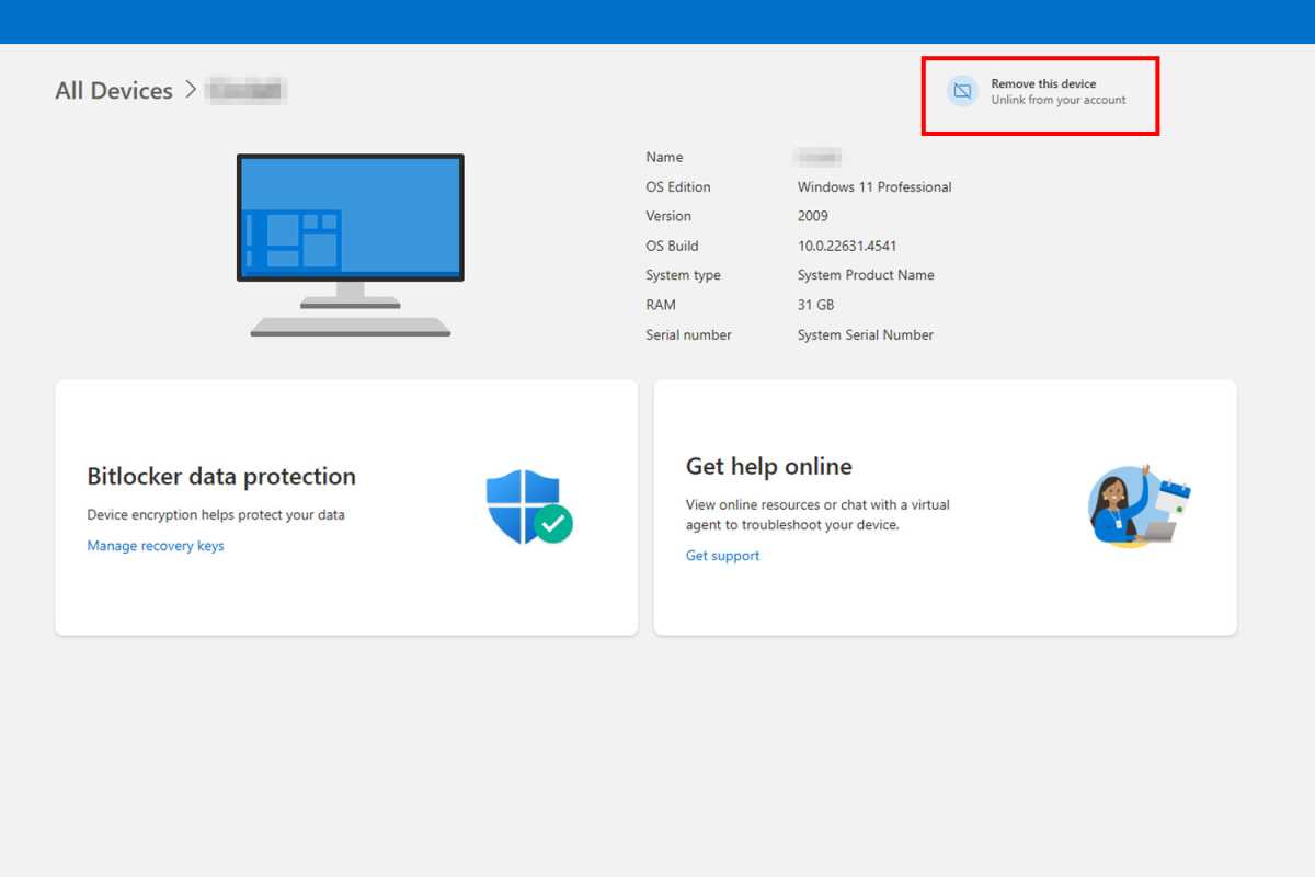 Windows setting Remove this device unlink from account screenshot
