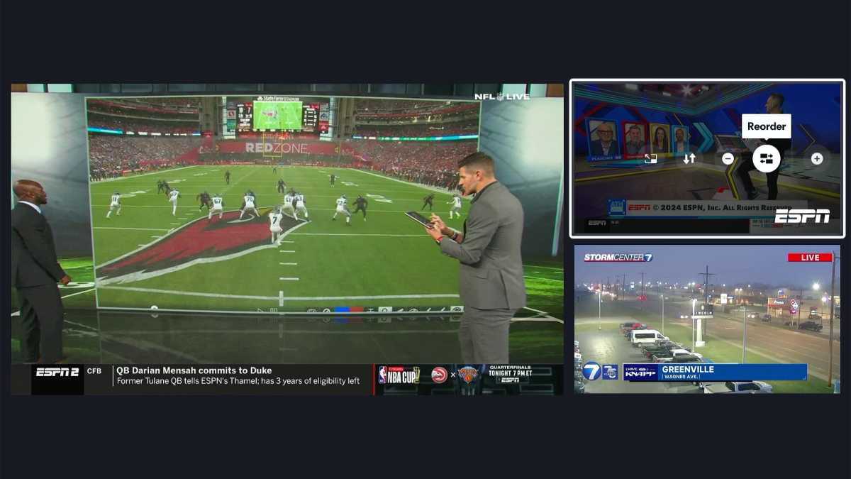 Fubo Multiview featuring ESPN, ESPN2, and local news in three split-screen windows