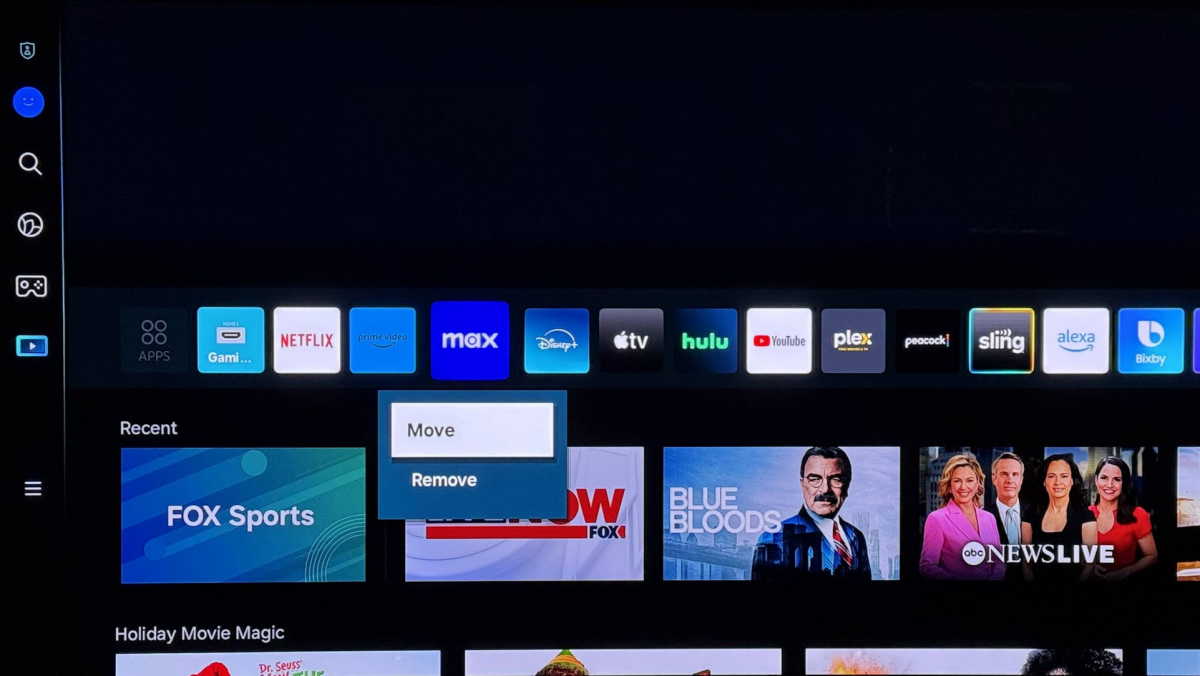 A row of apps on a Samsung TV, with one's "Move" option highlighted.