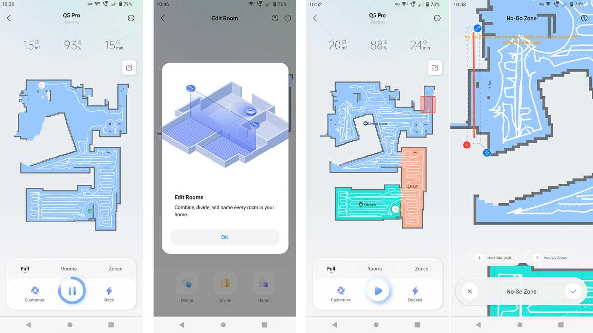 Screenshots from the Roborock app, showing mapping and room division 