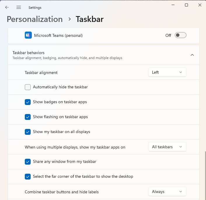 Windows taskbar settings