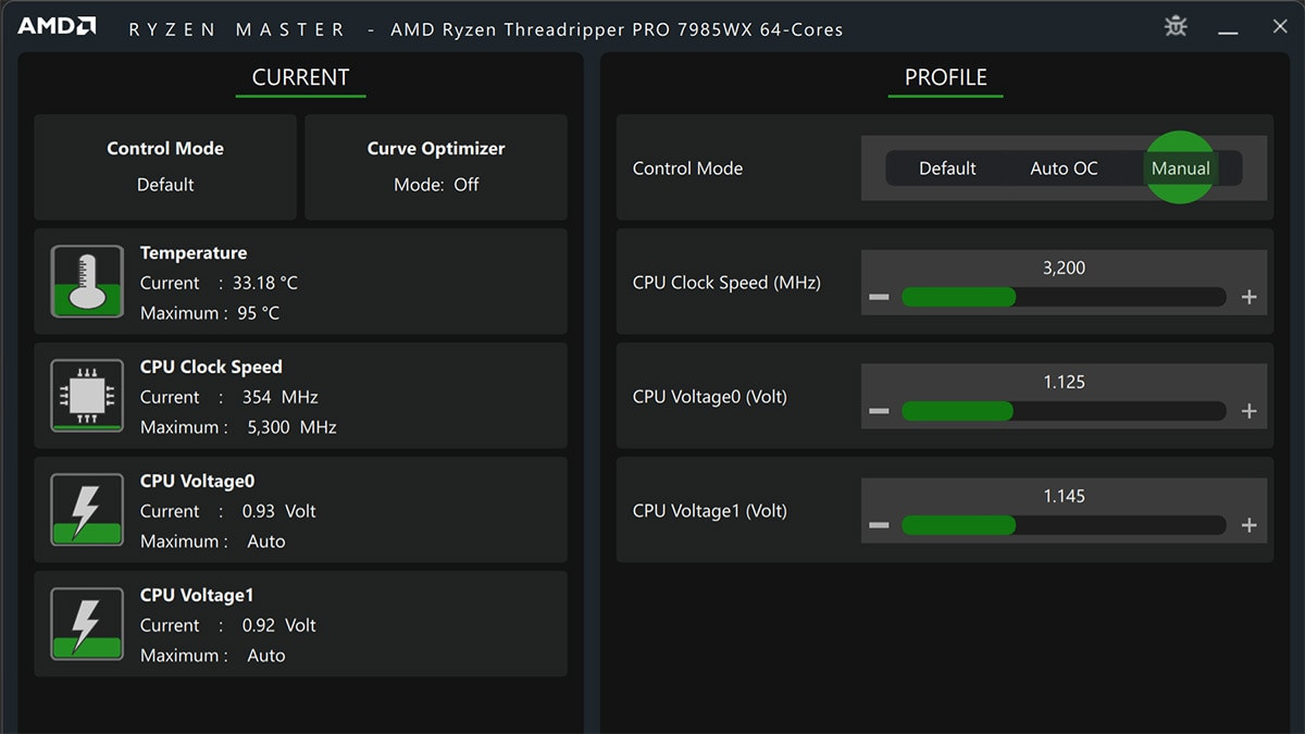 AMD Ryzen Master current readings and profile screenshot