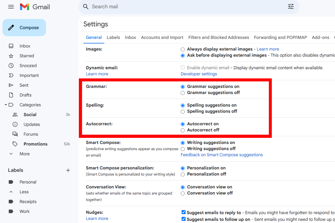 Gmail features Grammar Spelling Autocorrect in settings screenshot