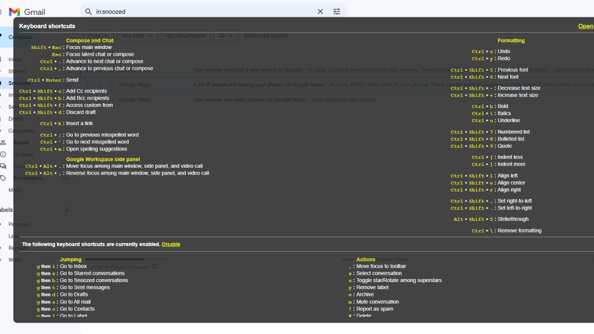 Gmail features Keyboard Shortcuts screenshot