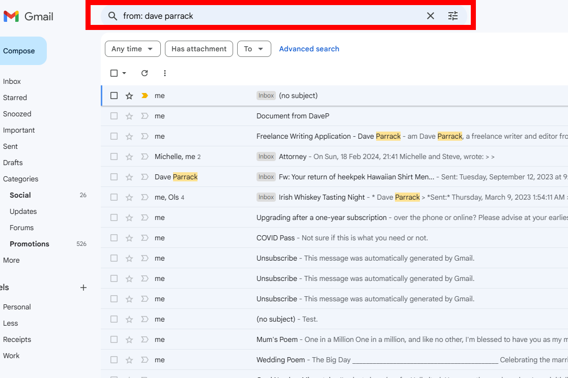 Gmail features Search Operators in action screenshot