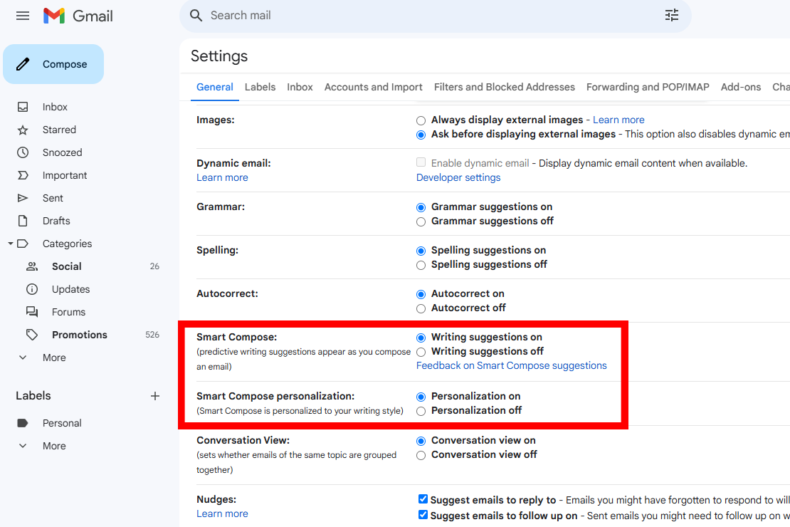 Gmail features Smart Compose in settings screenshot