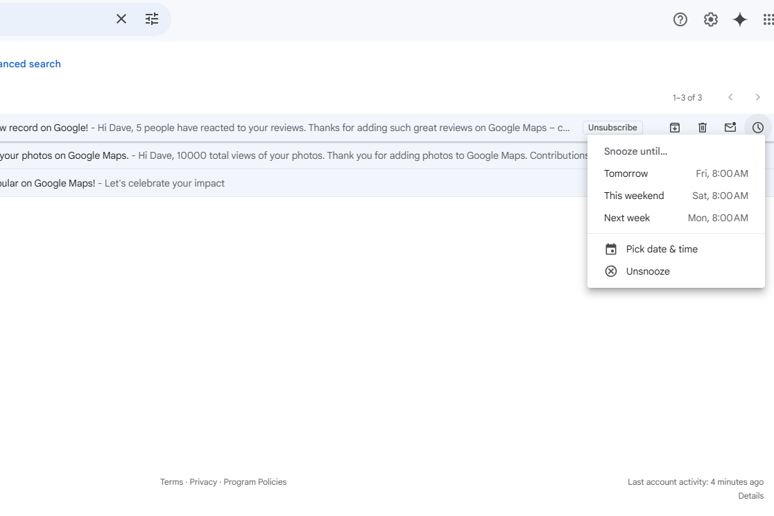 Gmail features Snooze Emails in action screenshot