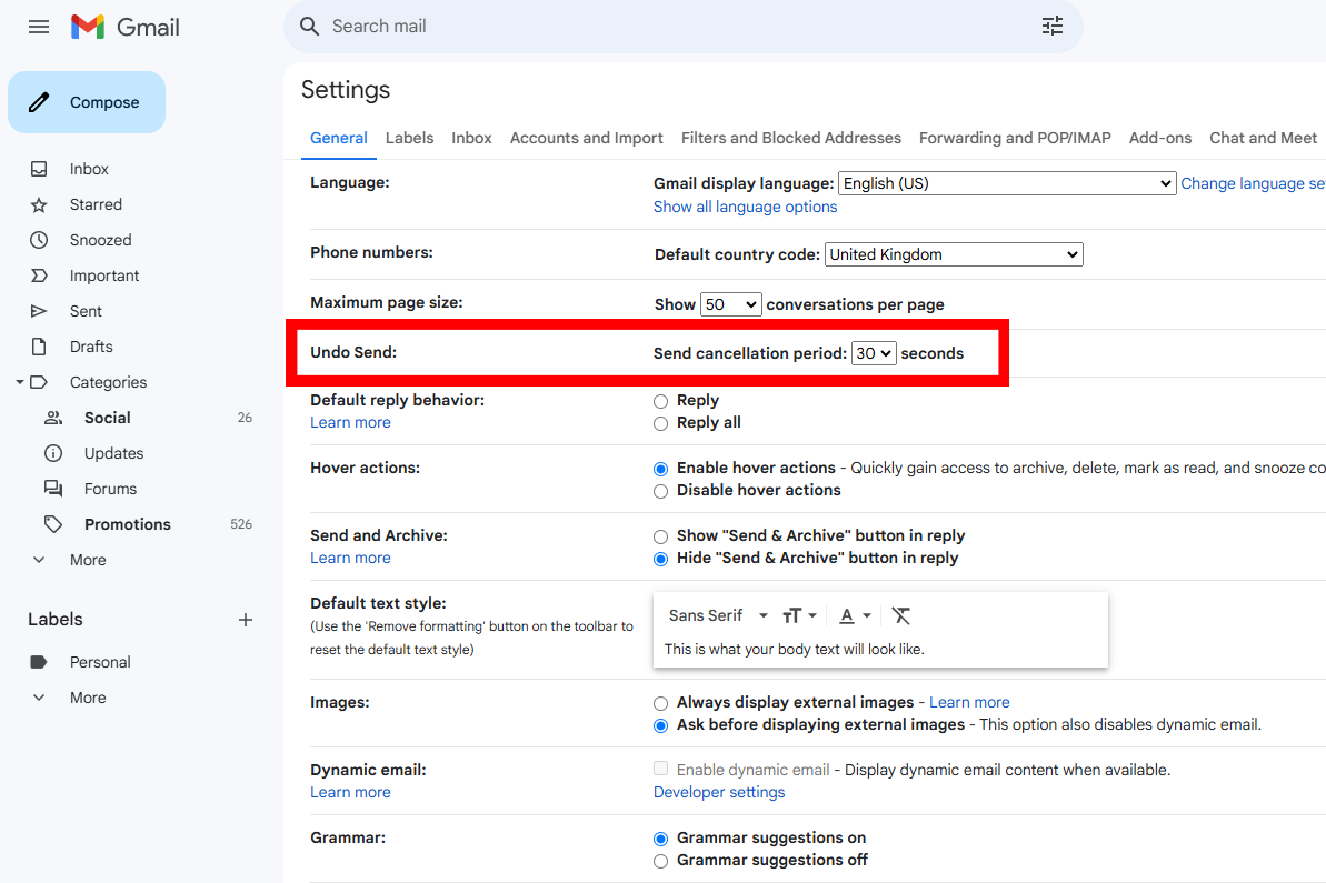 Gmail features Undo Send in settings screenshot