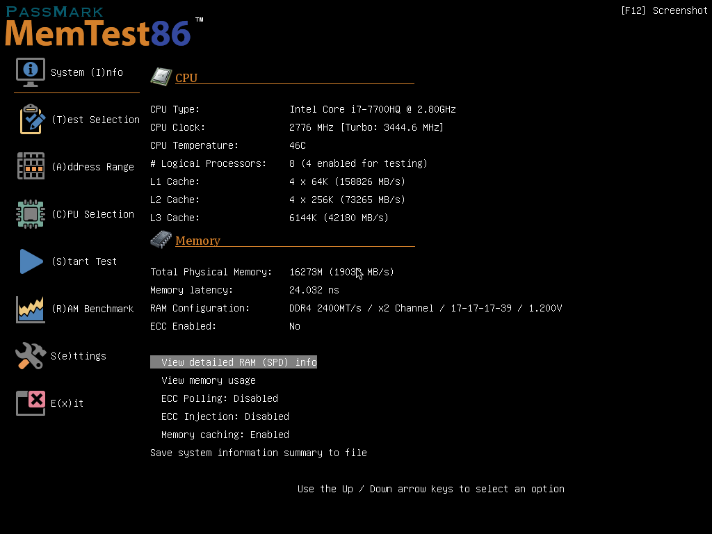 PassMark MemTest86 system info menu screenshot