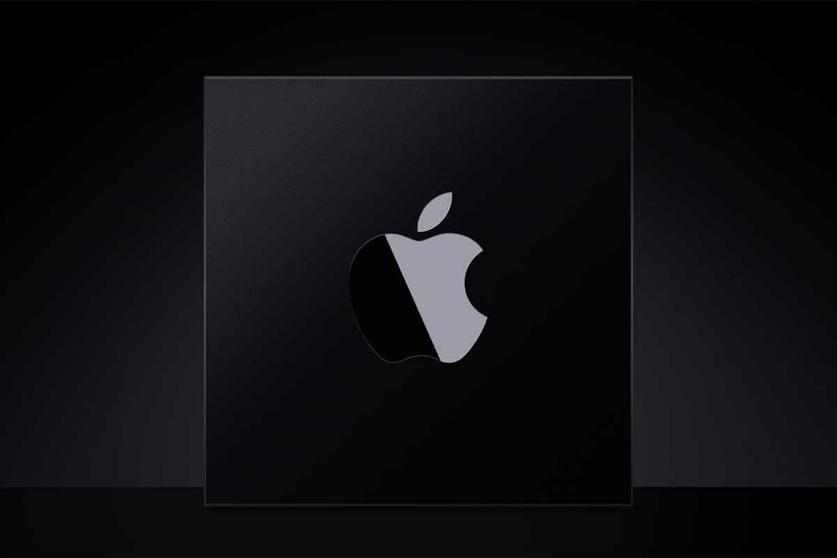 Apple logo in chrome on a processor