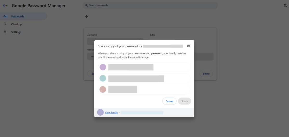 Google Password Manager - Family group sharing in Chrome on PC