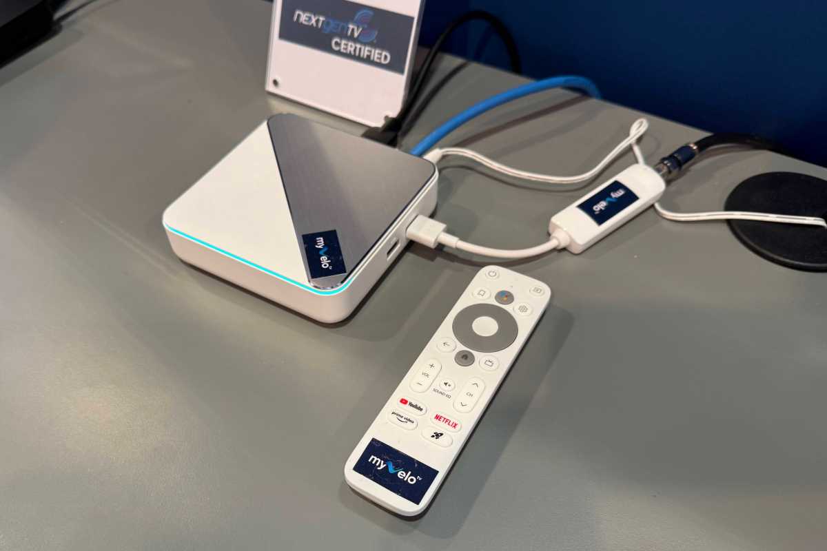 MyVelo Premiere box, remote, and dongle at the ATSC CES booth