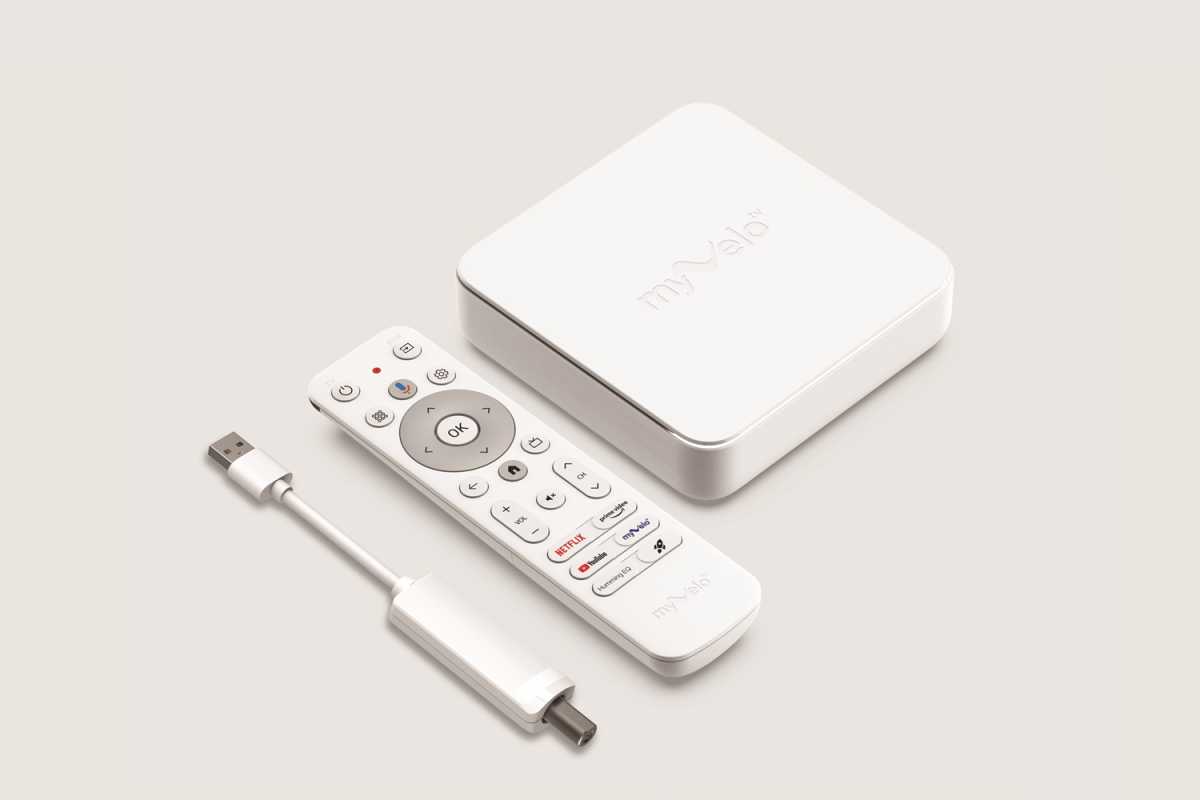 MyVelo TV Premiere box, remote, and tuner