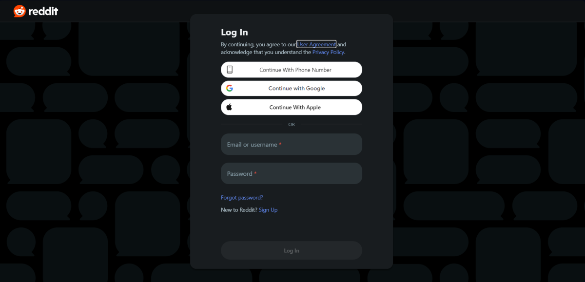 Reddit's login screen, showing single sign-in login options for Google & Apple