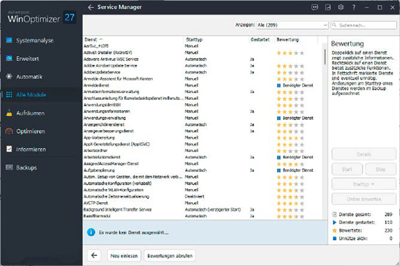 Das Programm Ashampoo Winoptimizer zeigt die für Windows unverzichtbaren Systemdienste an und blendet für alle anderen User-Bewertungen zum Nutzen ein.