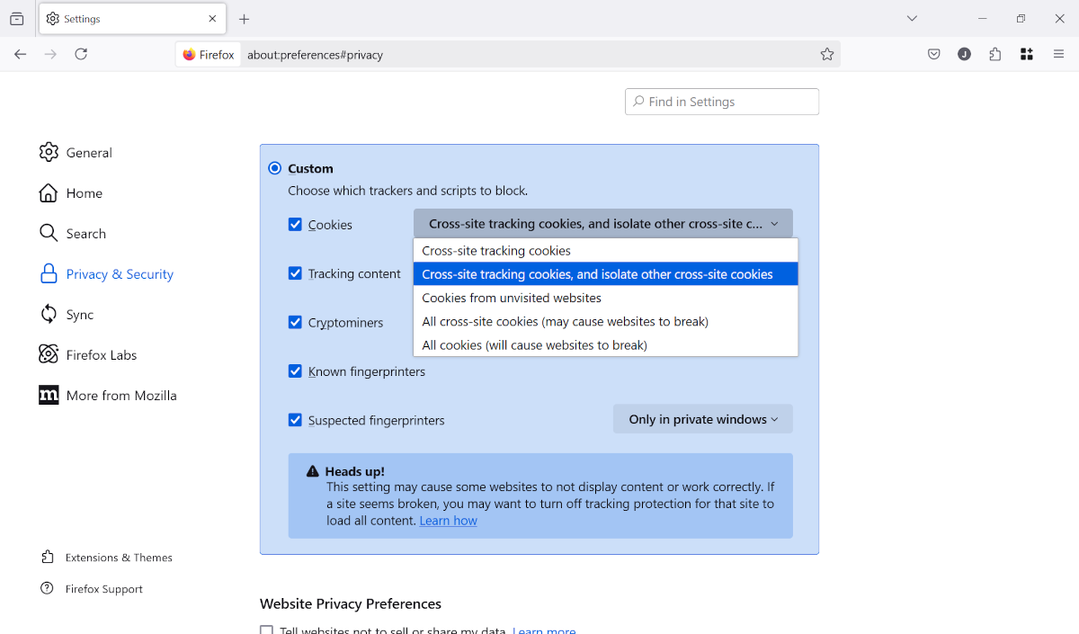 Firefox privacy settings for cookie and tracker options screenshot