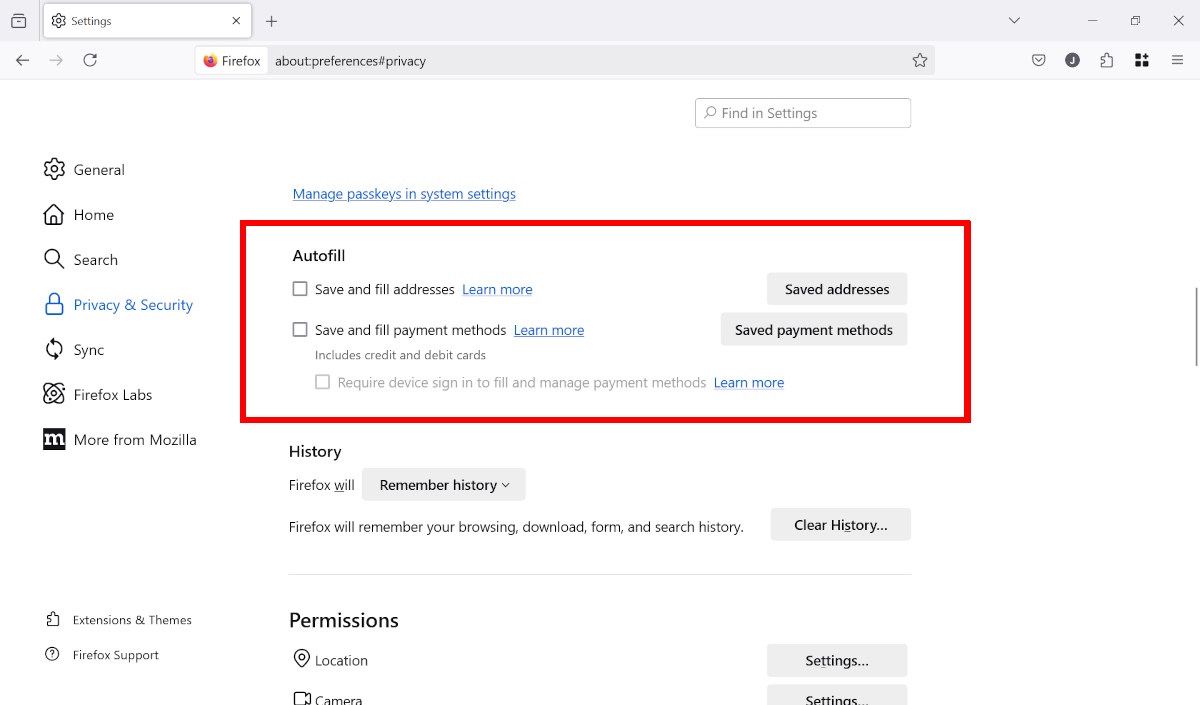 Firefox privacy settings uncheck the autofill options screenshot