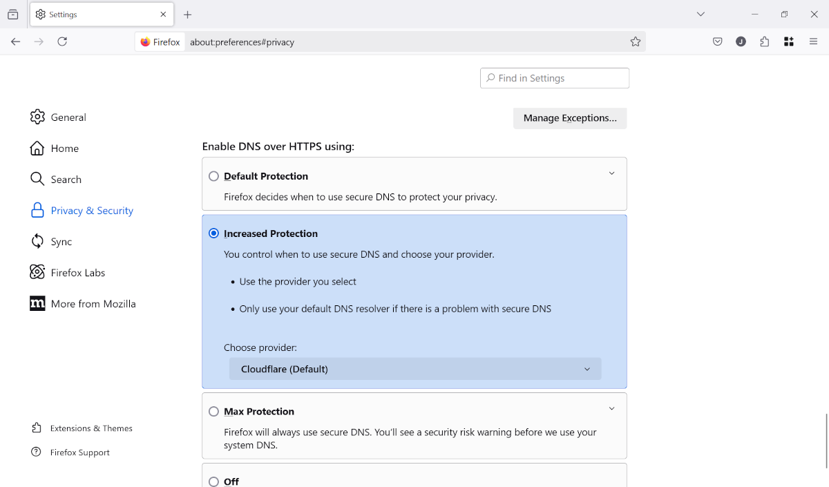 Firefox security setting for DNS over HTTPS screenshot