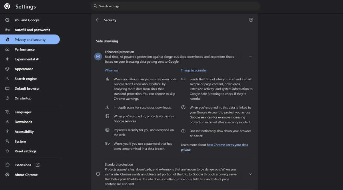 Google "Enhanced protection" in Chrome (stable build)