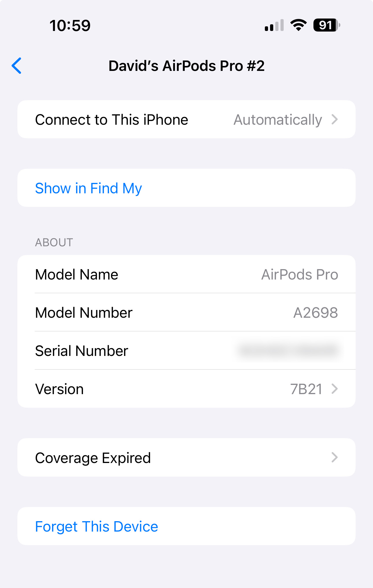 AirPods Pro firmware version in Settings