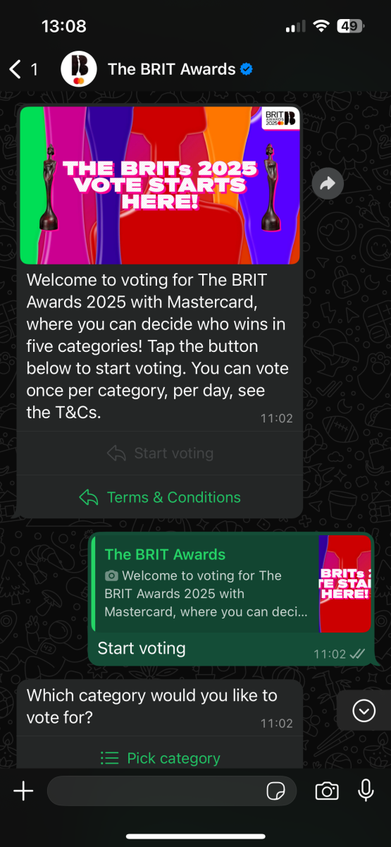 'Start voting' - The Brit Awards WhatsApp voting 2025