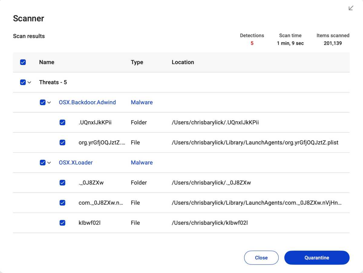 Malwarebytes scan results