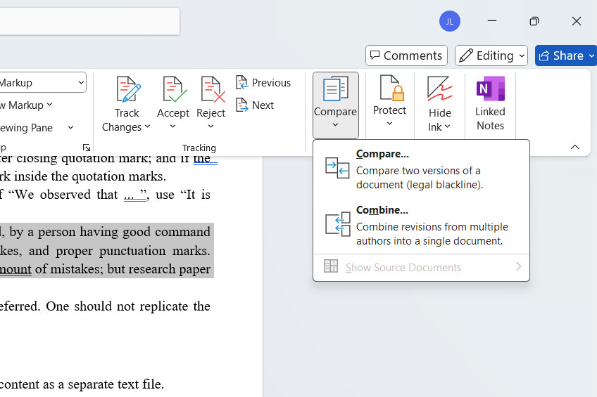 Microsoft Word feature Compare and Combine screenshot