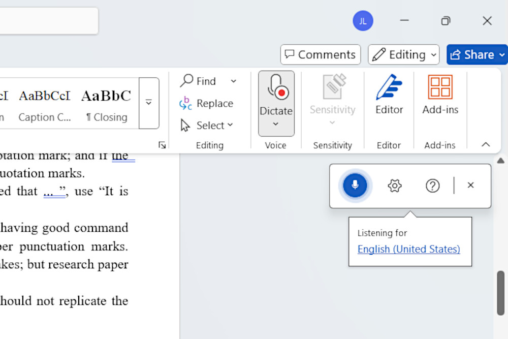 Microsoft Word feature Dictation screenshot