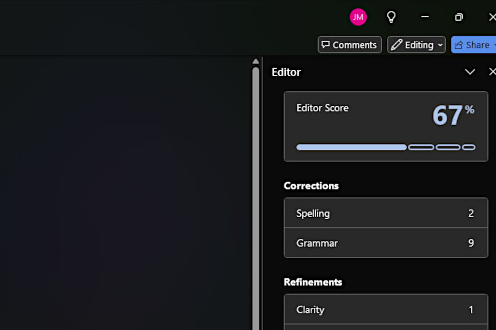 Microsoft Word feature Editor Score screenshot