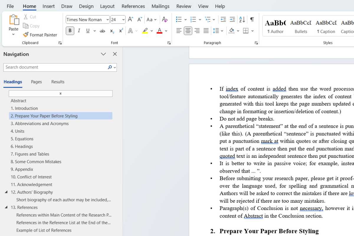 Microsoft Word feature Navigation Pane screenshot