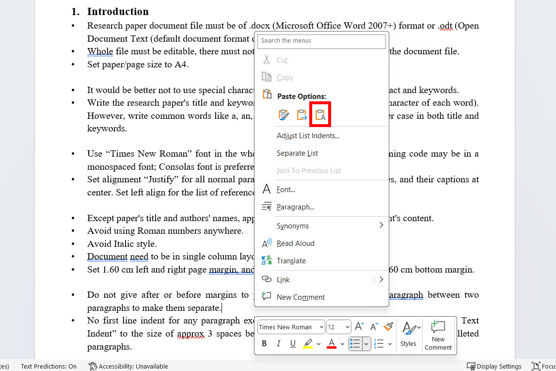 Microsoft Word feature Paste Without Formatting screenshot