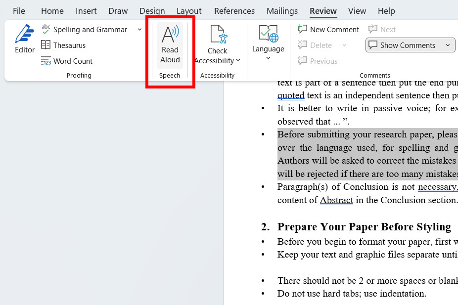 Microsoft Word feature Read Aloud screenshot