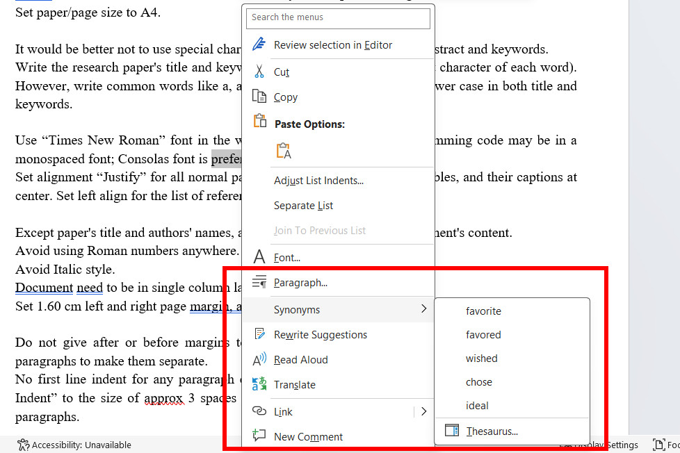 Microsoft Word feature Synonyms screenshot