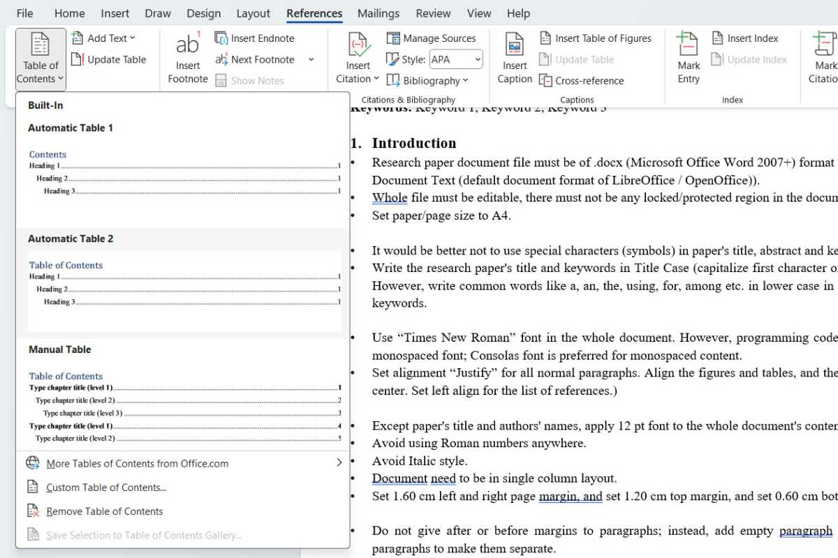 Microsoft Word feature Table of Contents screenshot