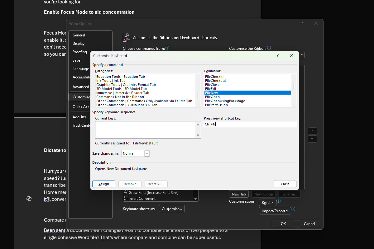 Microsoft Word feature custom keyboard shortcuts screenshot