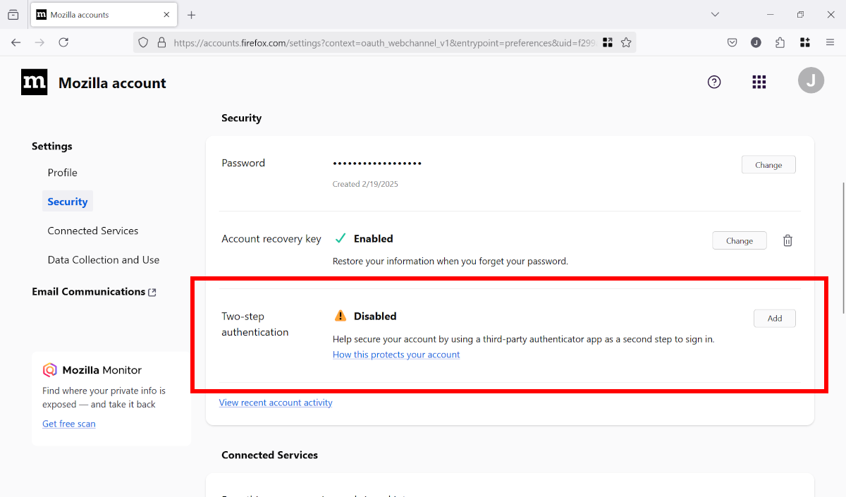 Mozilla account security settings two-factor authentication screenshot