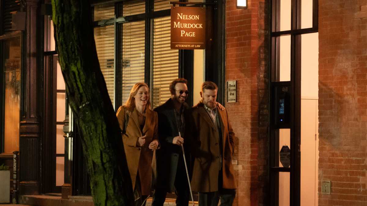 (LR) Karen Page (Deborah Ann Woll), Daredevil/Matt Murdock (Charlie Cox) and Foggy Nelson (Elden Henson) in Marvel Television's Daredevil: Born Again, excluding Disney+. Photo by Giovanni Rufino. © 2024 Marvel