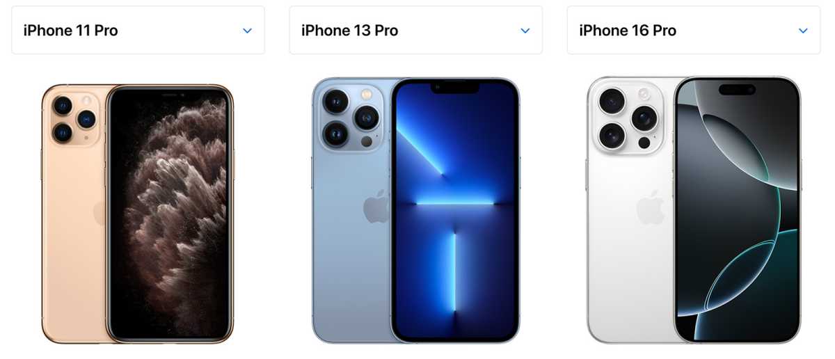 Rear camera modules on iPhone 11 Pro, 13 Pro, and 16 Pro