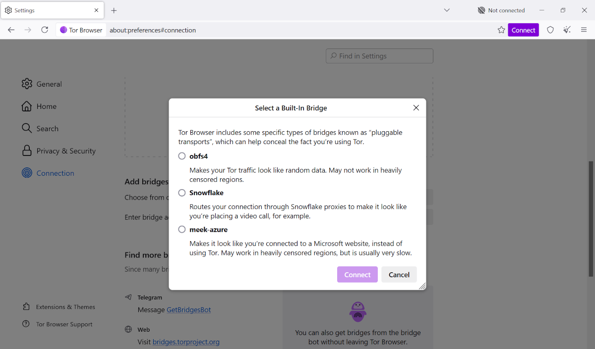 Tor Browser connection settings for built-in bridges screenshot