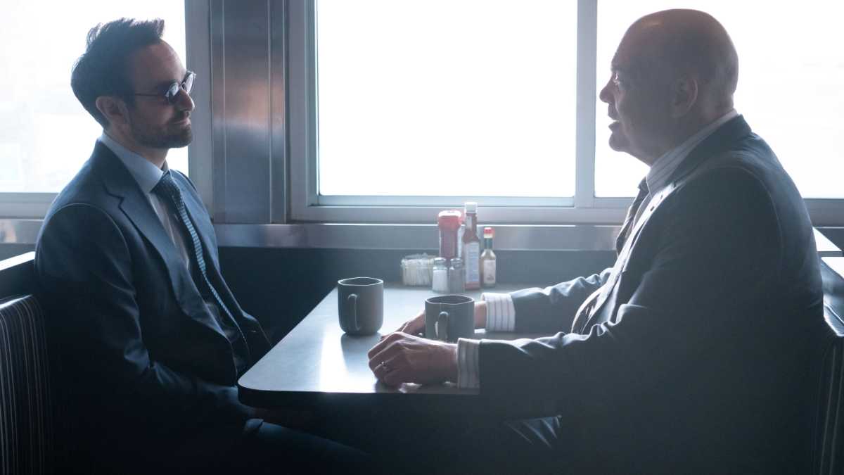 (LR) Daredevil/Matt Murdock (Charlie Cox) and Kingpin/Wilson Fisk (Vincent d'Onofrio) in Marvel Television's Daredevil: Born Again, excluding on Disney+. Photo by Giovanni Rufino. © 2024 Marvel.