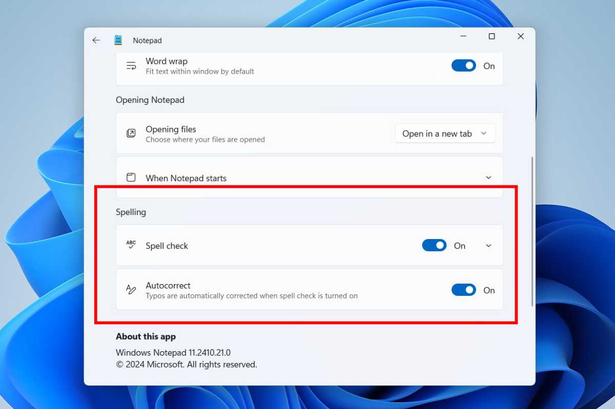 Windows 11 screenshot of Notepad settings for Spelling