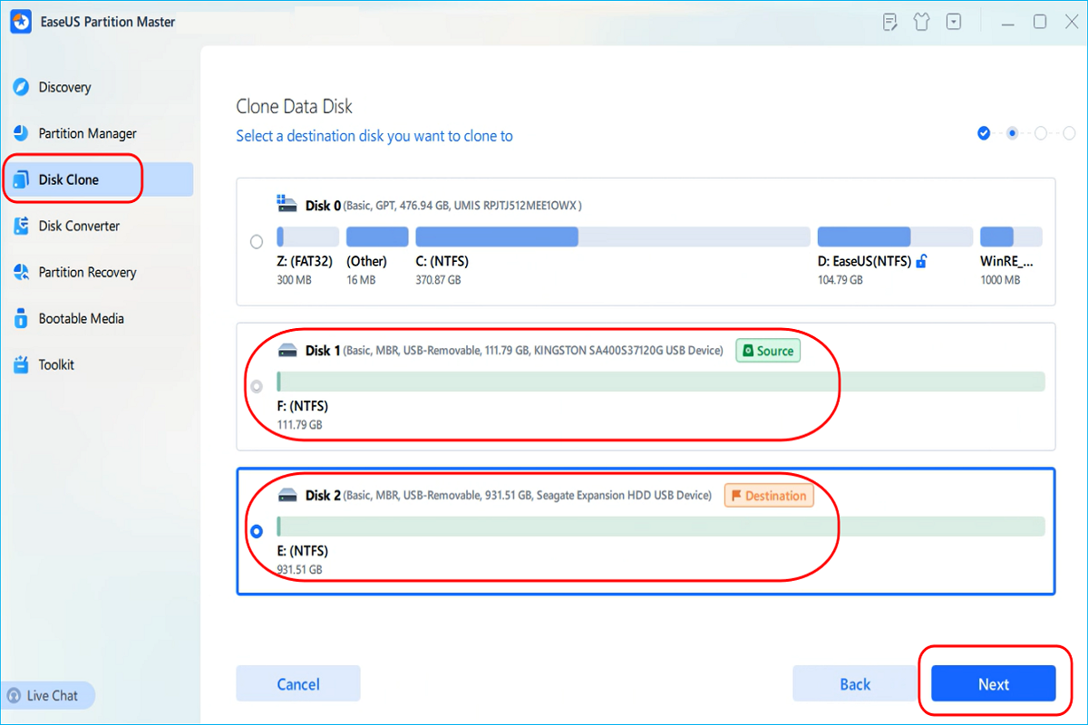 clone disk with easeus partition master