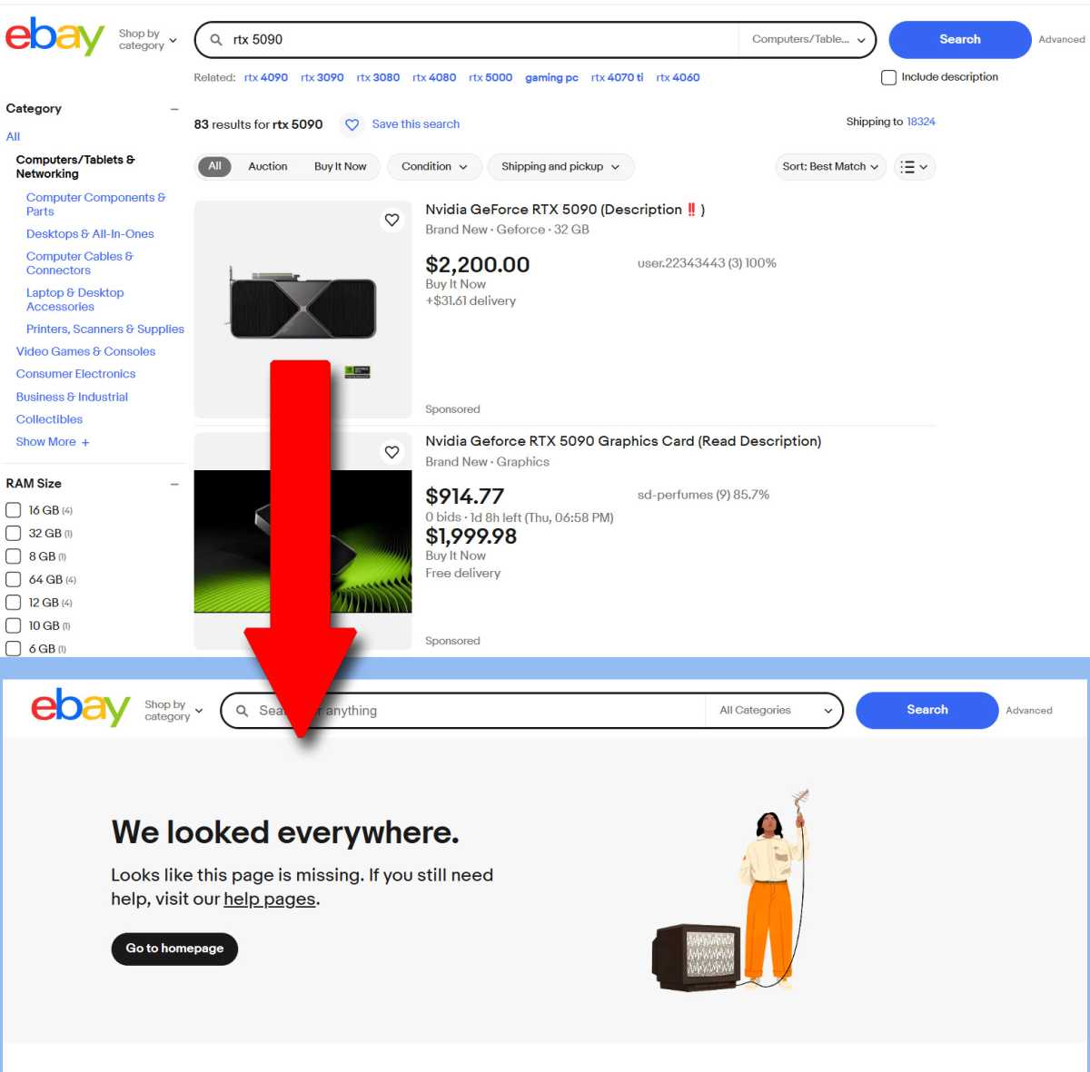 ebay RTX 5090 scam blank page