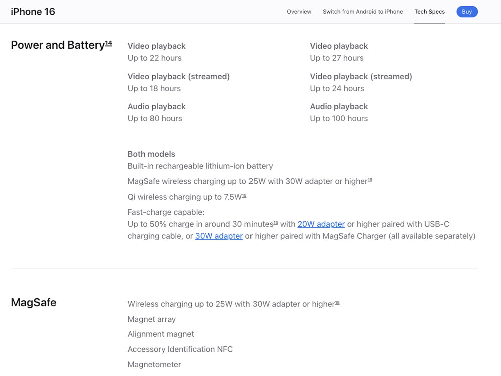 iPhone 16 tech specs MagSafe